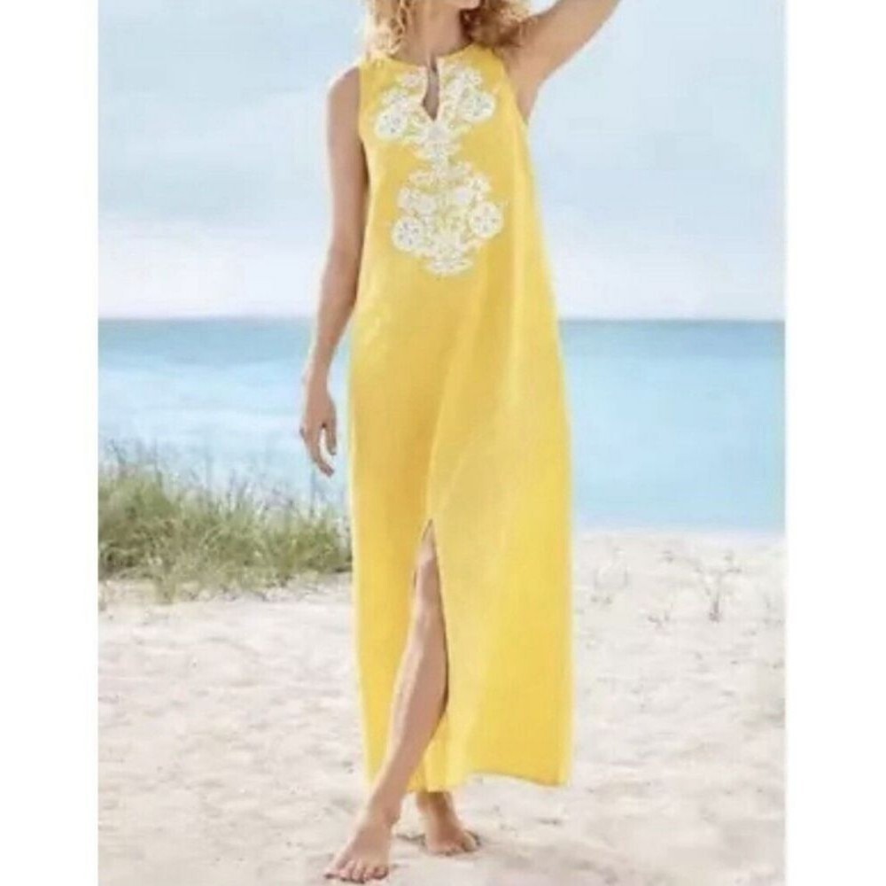 Soft Surroundings Daydream Dress Cotton Linen Blend Yellow White Medium NWT